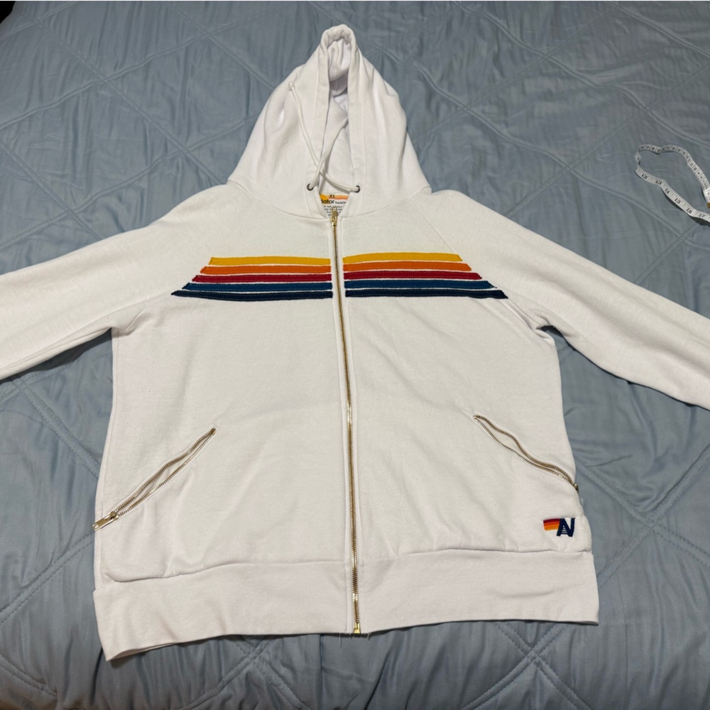 Aviator Nation White Hoodie with 5 stripes and gold zippers